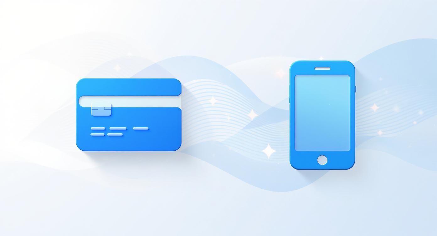 Blue credit card and smartphone representing online financial transactions and digital payments.