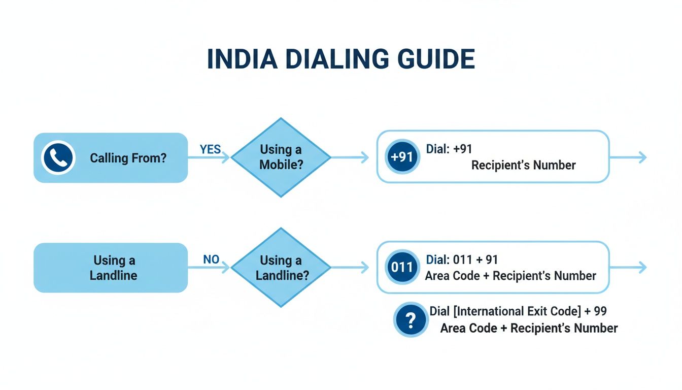 Flussdiagramm zur Anleitung, wie man aus Mobilfunk oder Festnetz nach Indien wählt.