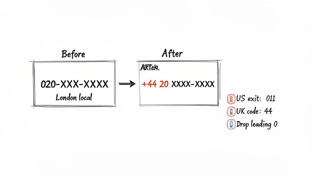 米国からロンドンの番号をダイヤルする方法を示す図（国際形式を表示）