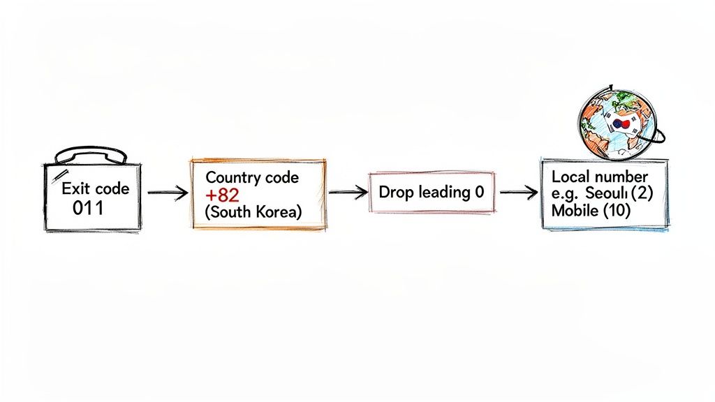 Flussdiagramm: Schritte zum Wählen einer internationalen Nummer nach Südkorea: Ausgangscode 011, Ländervorwahl +82, führende 0 weglassen, Ortsnummer.