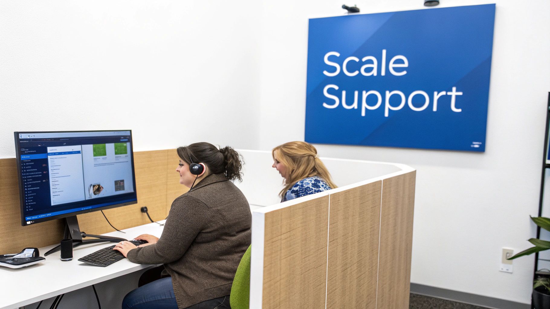 Zwei Frauen, eine mit Headset am Computer, arbeiten in einem modernen Kundenservice-Büro.