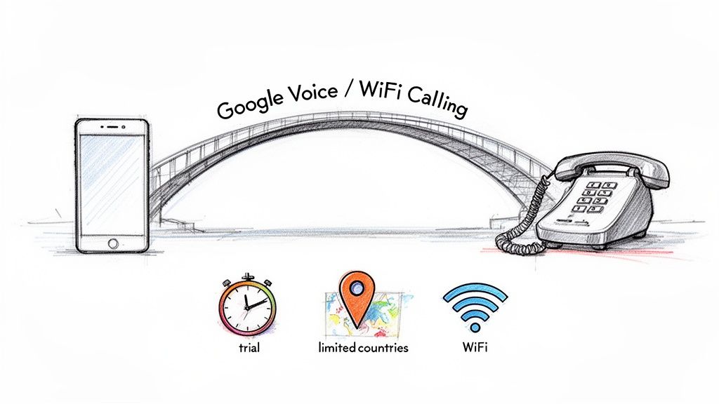 Illustration von Google Voice/WLAN‑Anrufen, die Smartphone und Festnetz verbinden, mit Hervorhebung von Probezeit, begrenzten Ländern und WLAN.