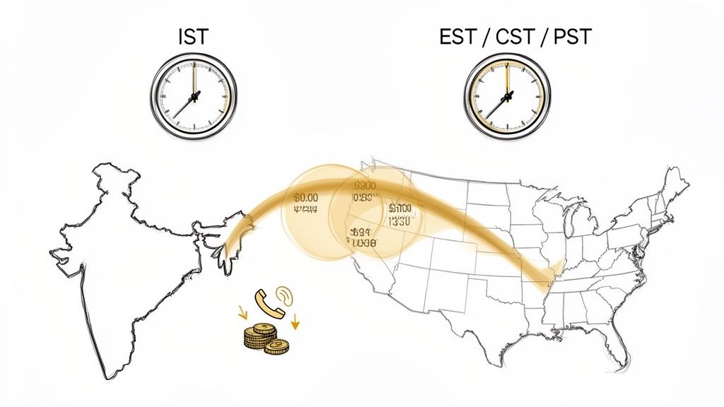 Übersicht zur Zeitzonen- und Kostenplanung beim Anrufen aus den USA nach Indien.