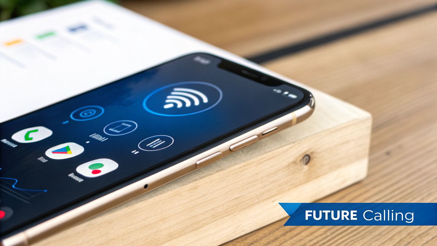 Modern smartphone displaying VoIP calling interface with wireless connectivity icons on wooden surface