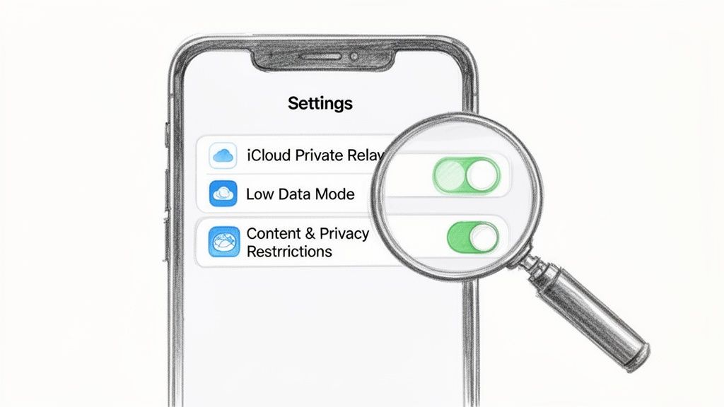 A sketch of iPhone settings showing iCloud Private Relay off and Content & Privacy Restrictions on, highlighted by a magnifying glass.