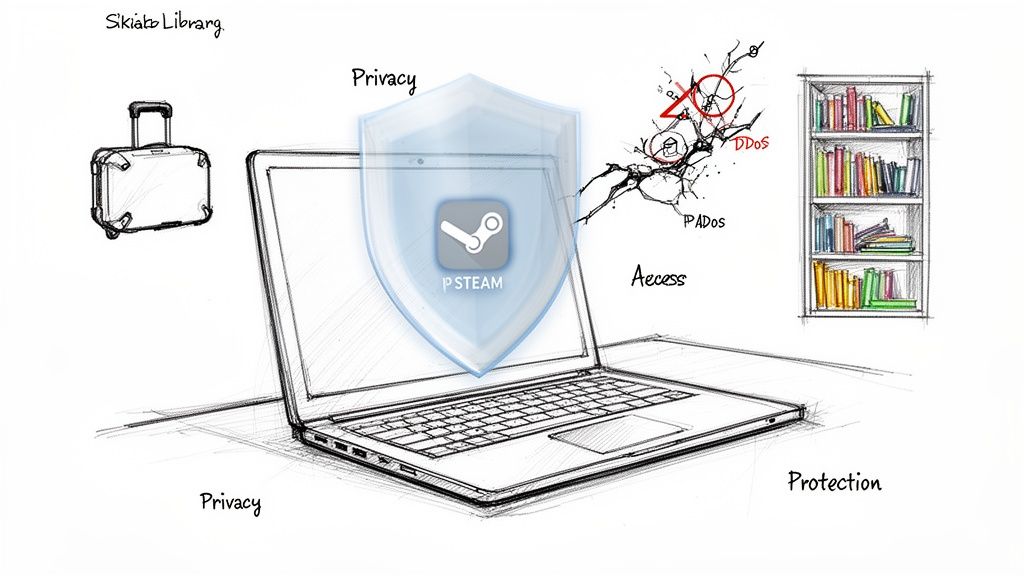 Hand-drawn illustration of a laptop with a VPN shield protecting Steam, symbolizing privacy against DDoS threats.