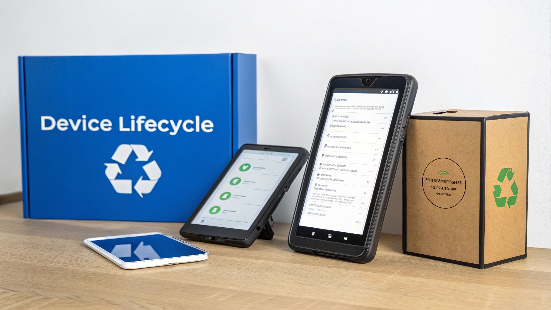 Boîte bleue marquée 'Device Lifecycle' avec symbole de recyclage, deux tablettes et un smartphone sur une table en bois.