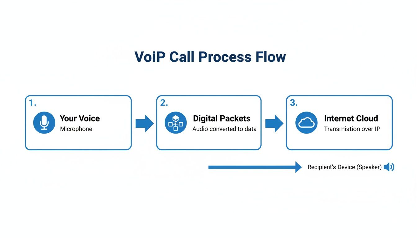 Diagram illustrating the VoIP call process flow from voice input to digital packets and internet cloud.