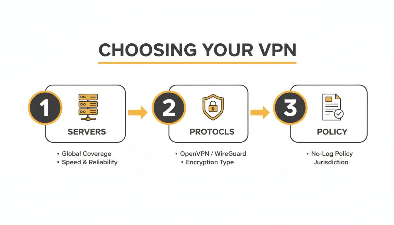 Infographic detailing how to choose a VPN based on servers, protocols, and policy considerations.