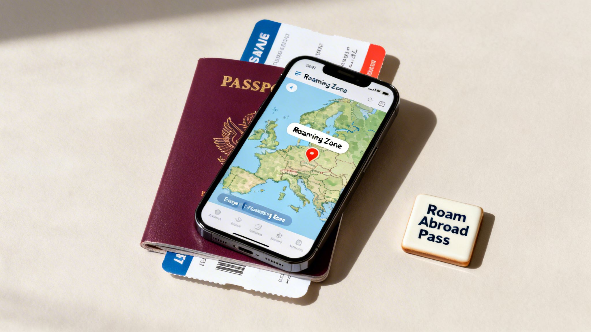 A smartphone displaying a European roaming map on a passport with boarding passes and a 'Roam Abroad Pass'.