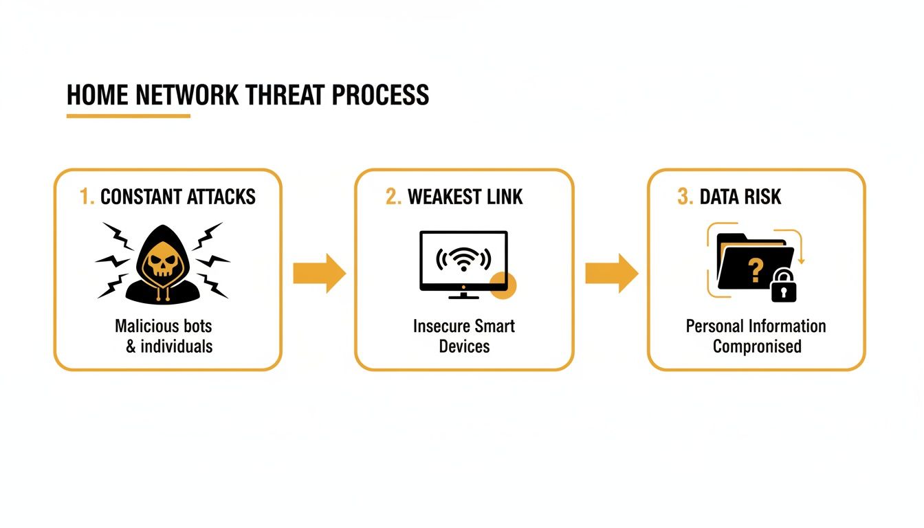 Infographic illustrating the home network threat process: constant attacks, insecure smart devices as the weakest link, and personal data risk.