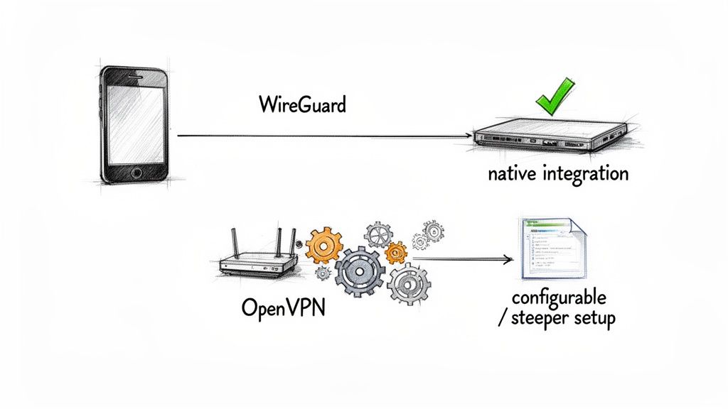 Diagram comparing WireGuard's native integration with OpenVPN's more complex setup and configuration.