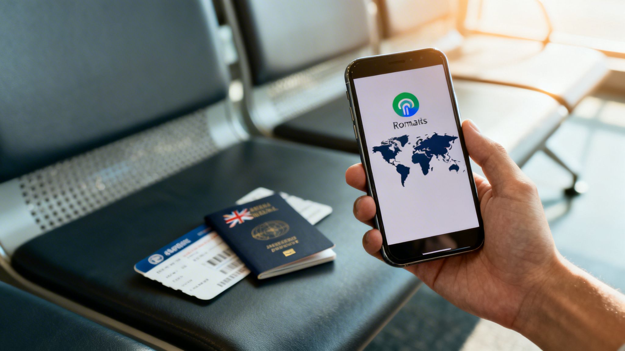 Person holding smartphone with a travel app, next to a British passport and boarding pass in an airport.