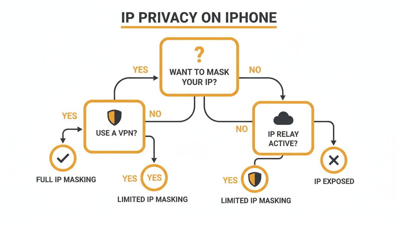 Flowchart showing how to mask your IP on iPhone using VPN or IP Relay for privacy.