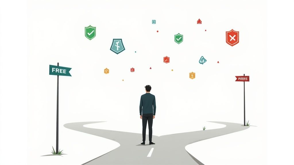 شخص يقف عند مفترق طرق، يختار بين مسار 'مجاني' ومسار 'بديل' مع أيقونات أمان أعلاه.