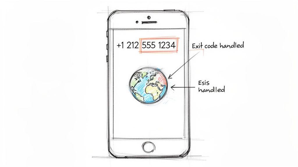 国際電話番号と地球を表示したスマートフォン画面のスケッチ。「発信コード自動処理」「Esis handled（注記）」のメモ付き。