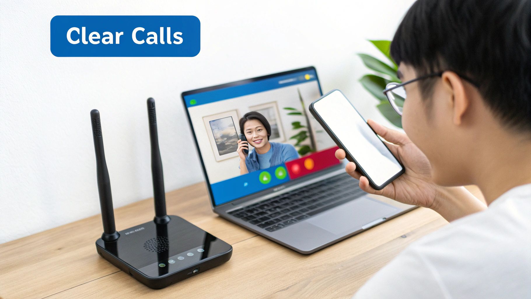 Une personne passe un appel vidéo sur un ordinateur portable et un smartphone, avec un routeur à proximité pour une communication claire.