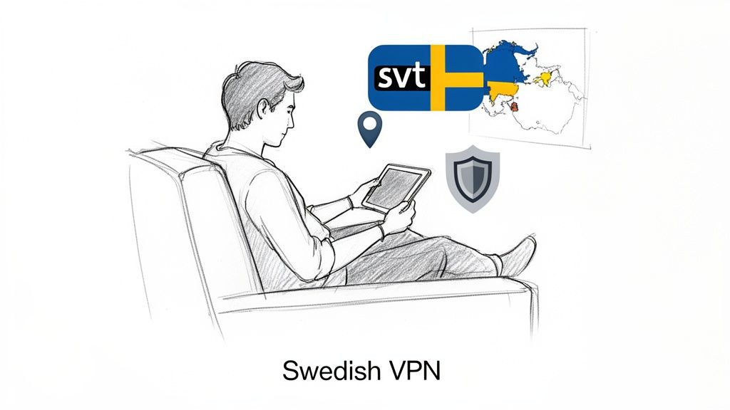 Person relaxing on a couch, using a tablet with Swedish VPN connection represented by privacy and location icons.