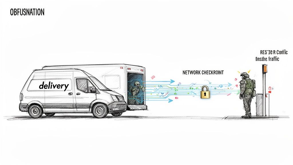 A delivery van sends data through a secure network checkpoint, obfuscating traffic from a waiting soldier.
