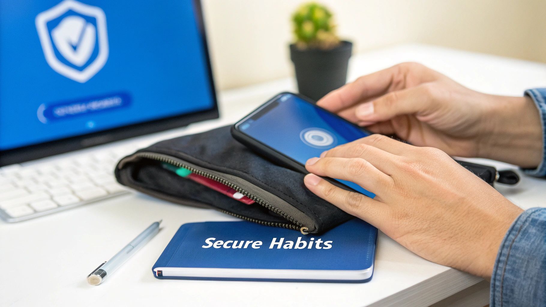A person uses a smartphone and laptop, both displaying security interfaces, emphasizing digital protection and secure habits.