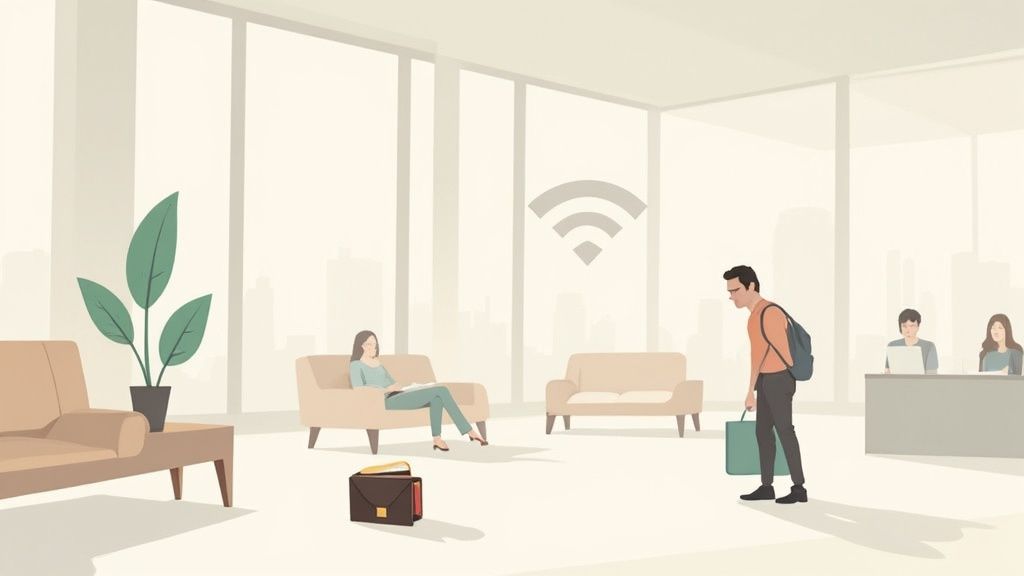 رجل يحمل حقيبة ظهر يمر بجوار امرأة تقرأ في منطقة انتظار حديثة مع رمز Wi‑Fi.
