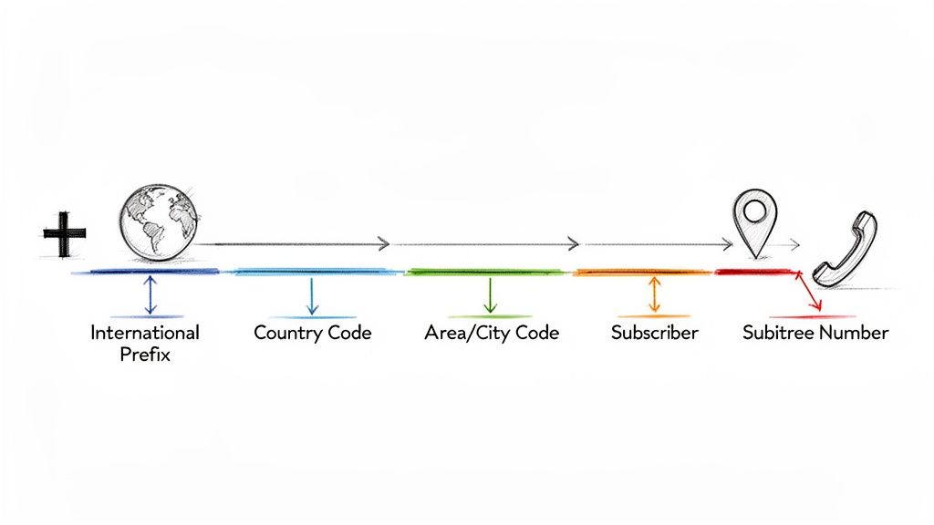 Ein Diagramm, das die aufeinanderfolgenden Komponenten einer internationalen Telefonnummer von Präfix bis Anschlussnummer zeigt.