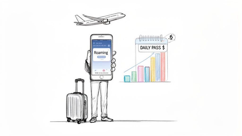A person holds a phone showing 'Roaming' next to a suitcase, with an airplane and a rising daily pass cost graph.
