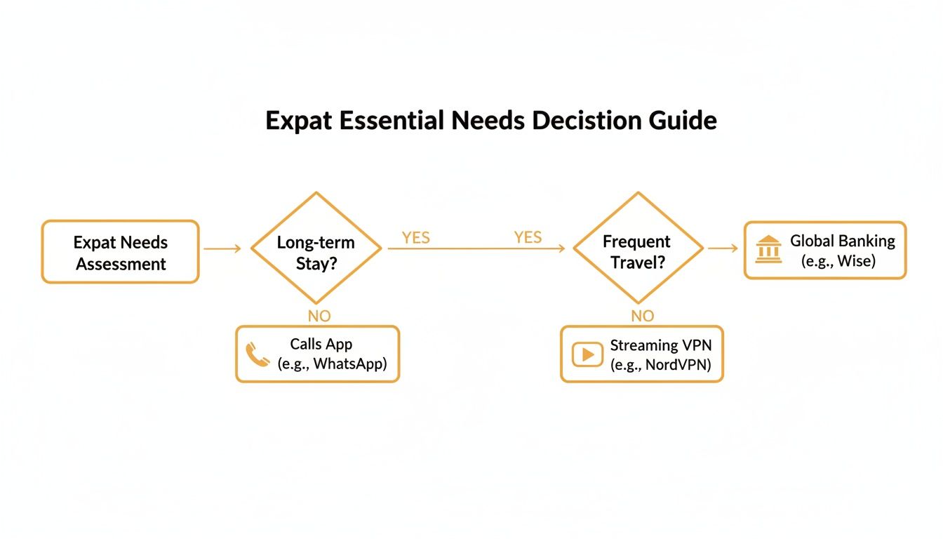 Flowchart guiding expats through essential needs: calls app, streaming VPN, or global banking based on stay and travel frequency.