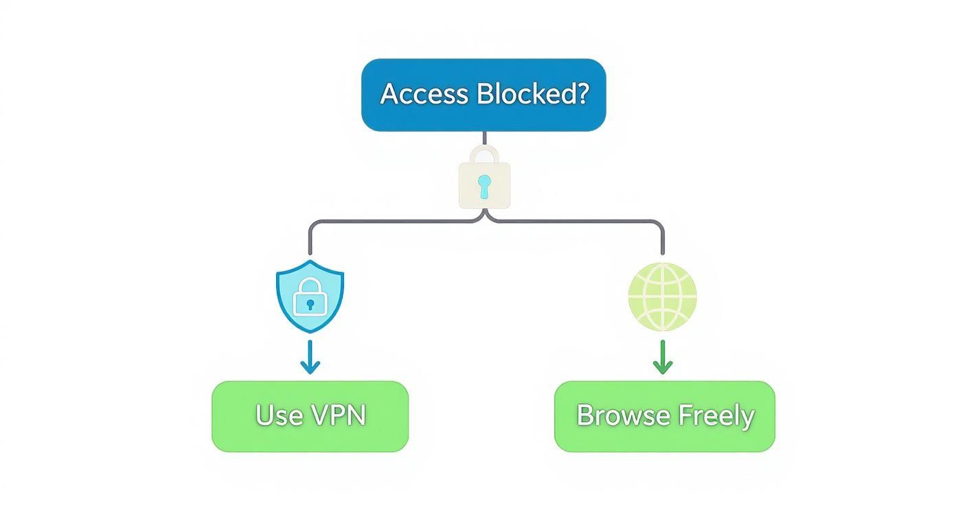 Flowchart showing two options for 'Access Blocked?': Use VPN for secure browsing or browse freely.