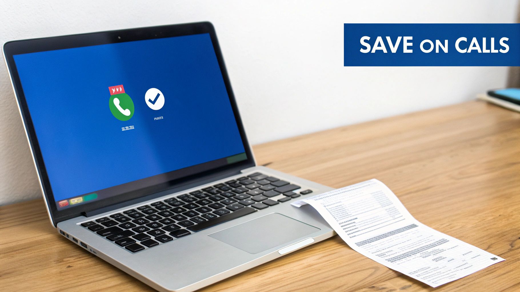 Laptop on a wooden desk showing call icons and a 'SAVE ON CALLS' banner, with a bill.