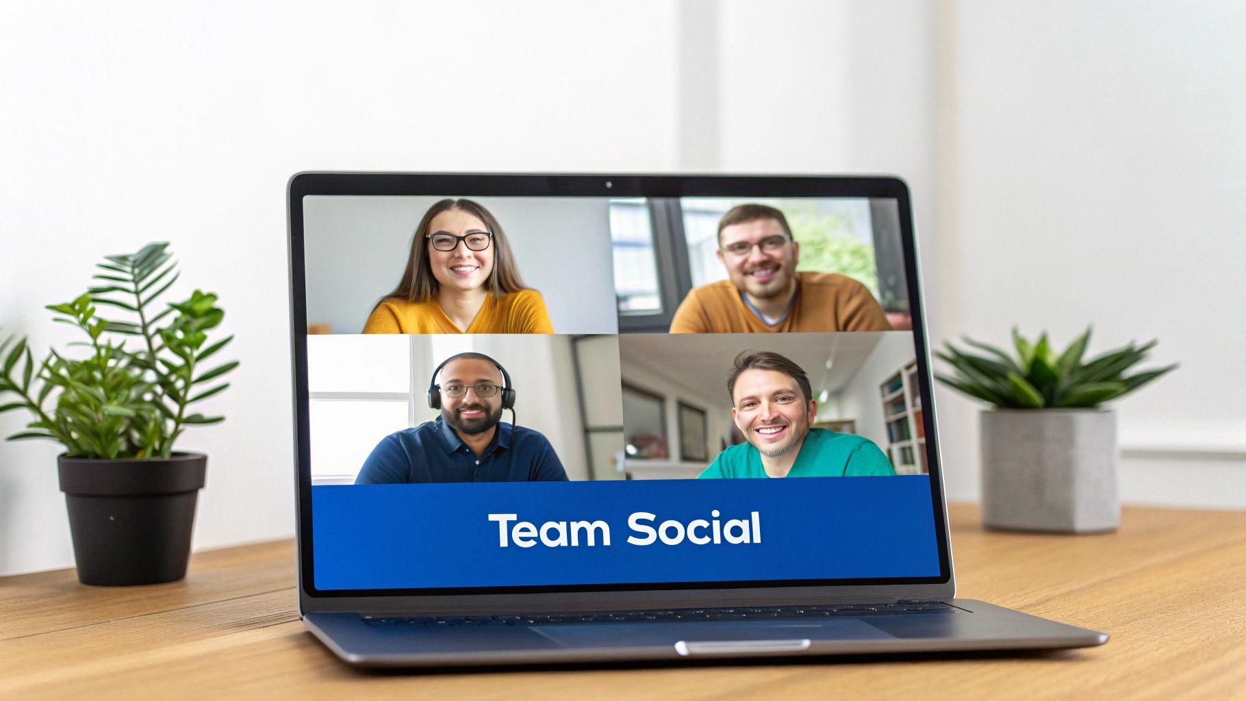 Un ordinateur portable sur un bureau affichant une vidéoconférence avec quatre collègues souriants et une bannière « Team Social ».