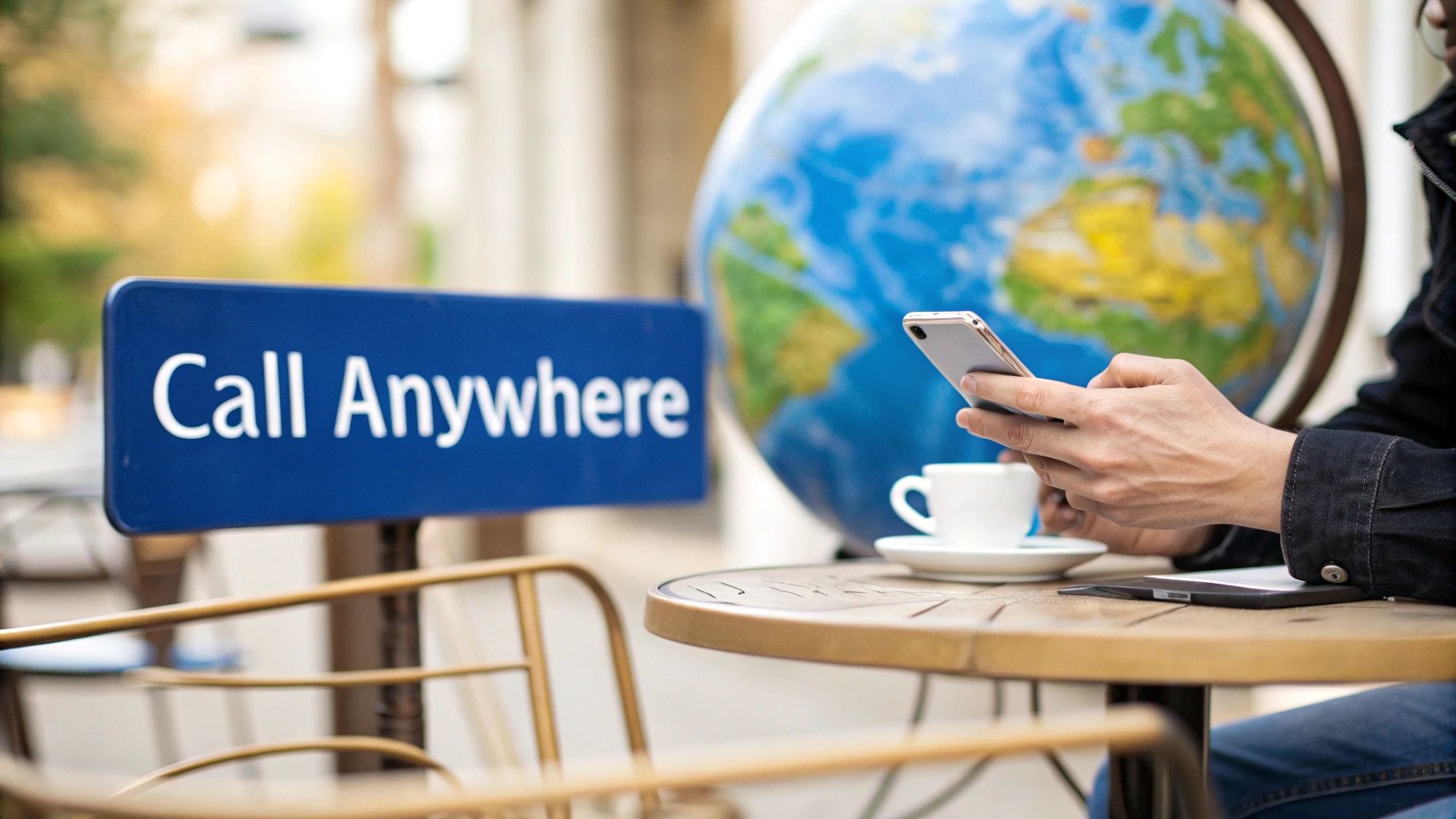 Eine Person benutzt ein Smartphone an einem Tisch mit einem Kaffee, einem großen Globus und einem Schild 'Call Anywhere'.