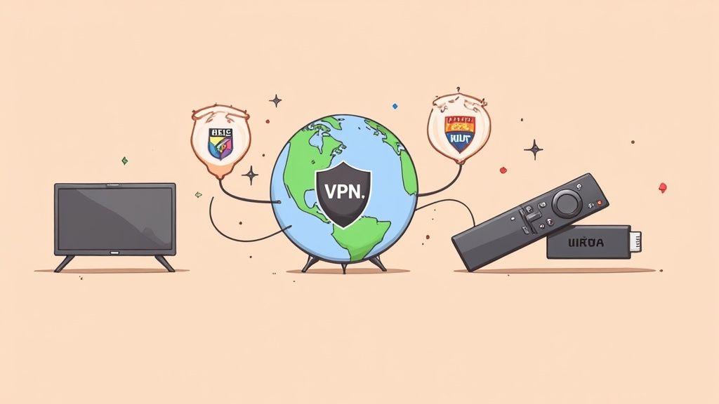 A cartoon globe with a VPN shield connects to a TV and a streaming stick with a remote.