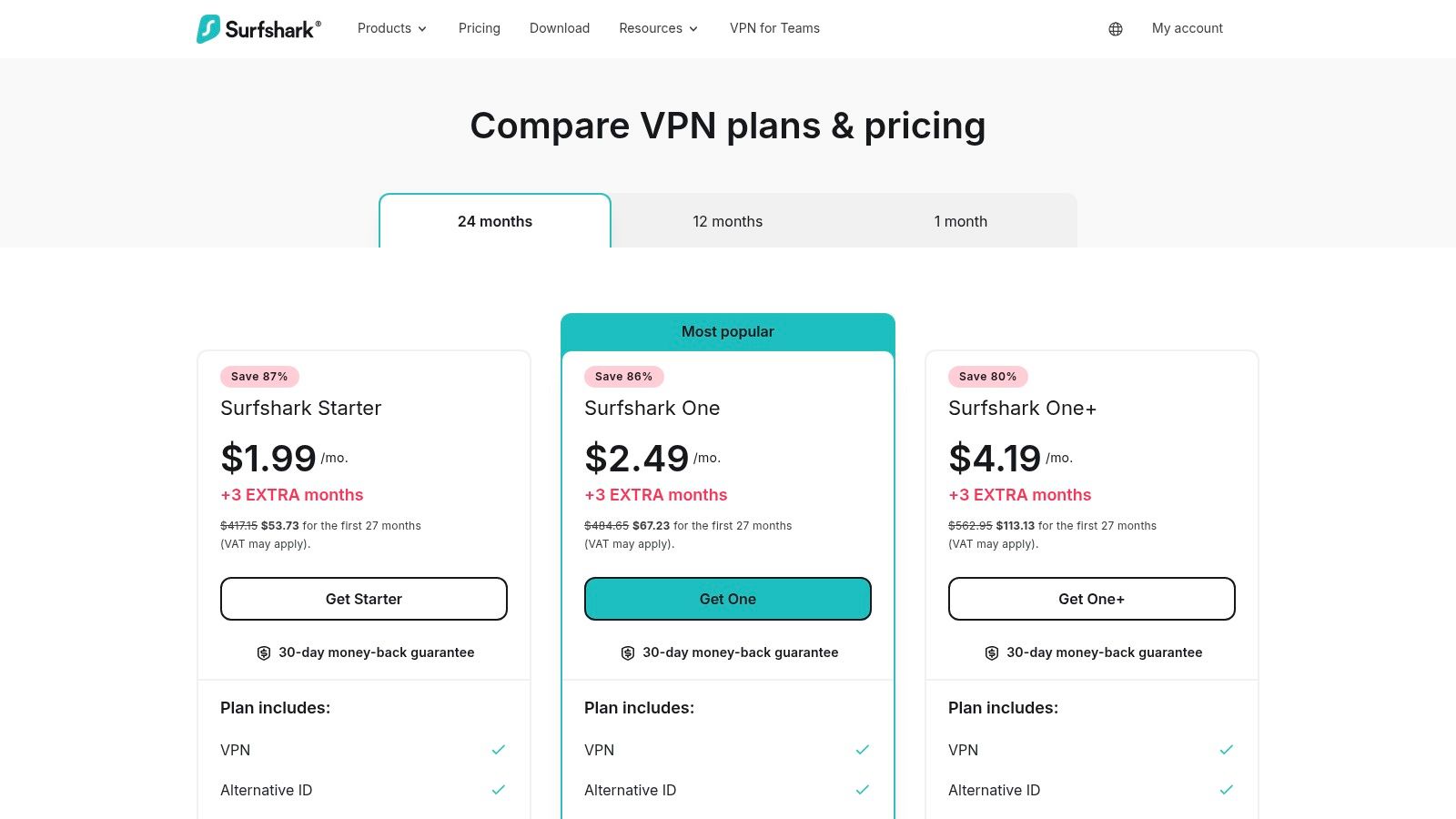 Surfshark VPN plans showing Starter, One, and One+ tiers