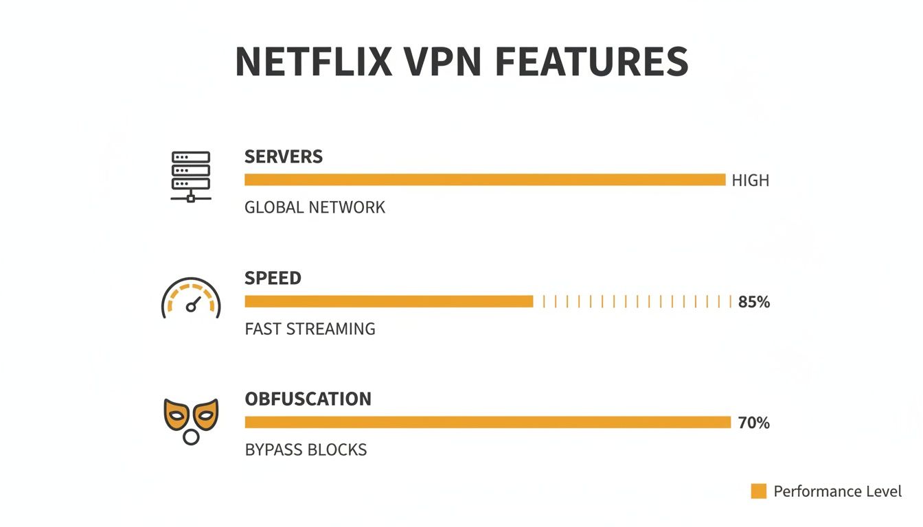 Infographic detailing Netflix VPN features, showing high global network servers, 85% fast streaming speed, and 70% obfuscation for bypassing blocks.