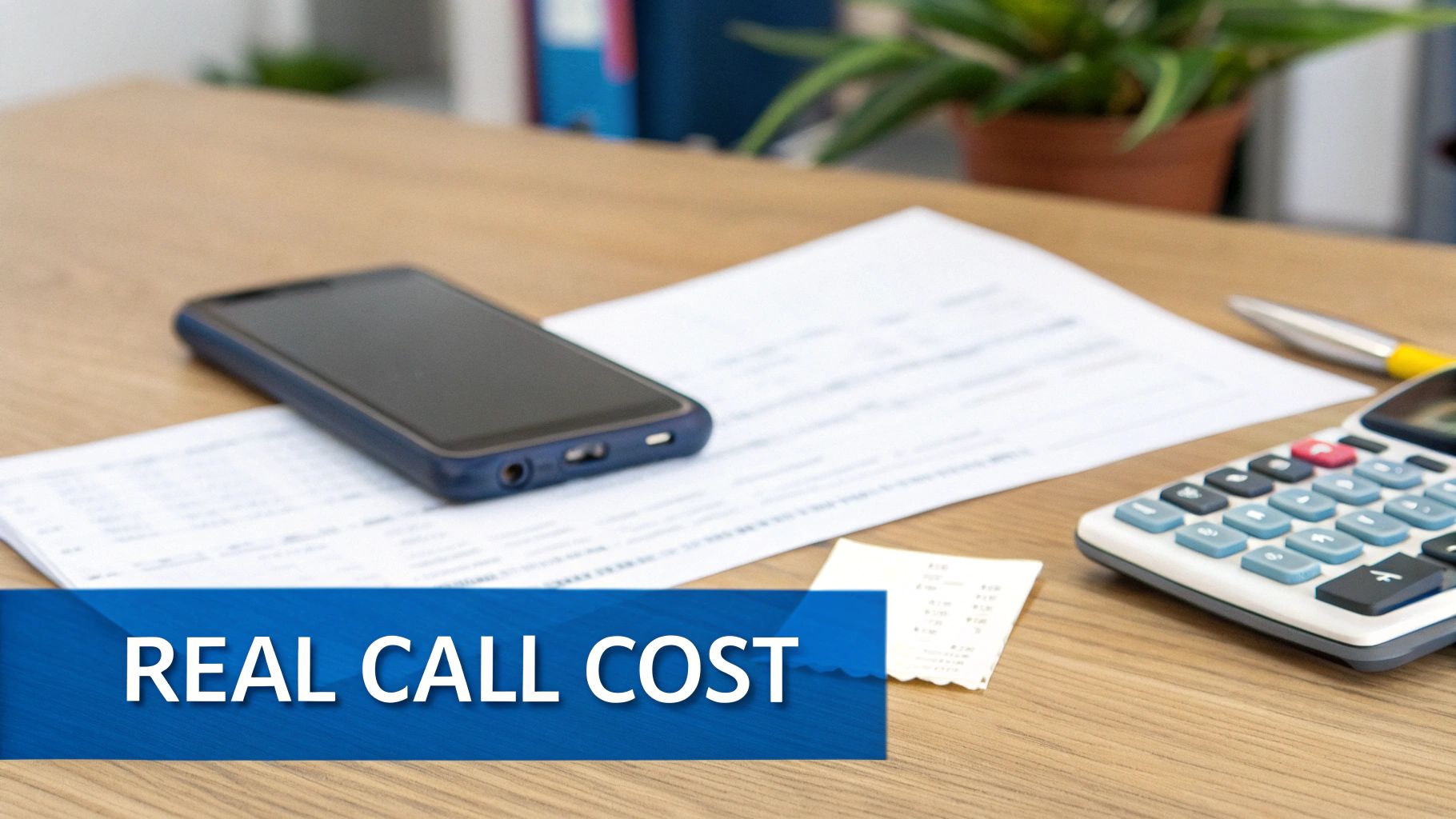 Eine Person analysiert eine Rechnung mit Taschenrechner, symbolisiert die wirklichen Kosten von Anrufen.