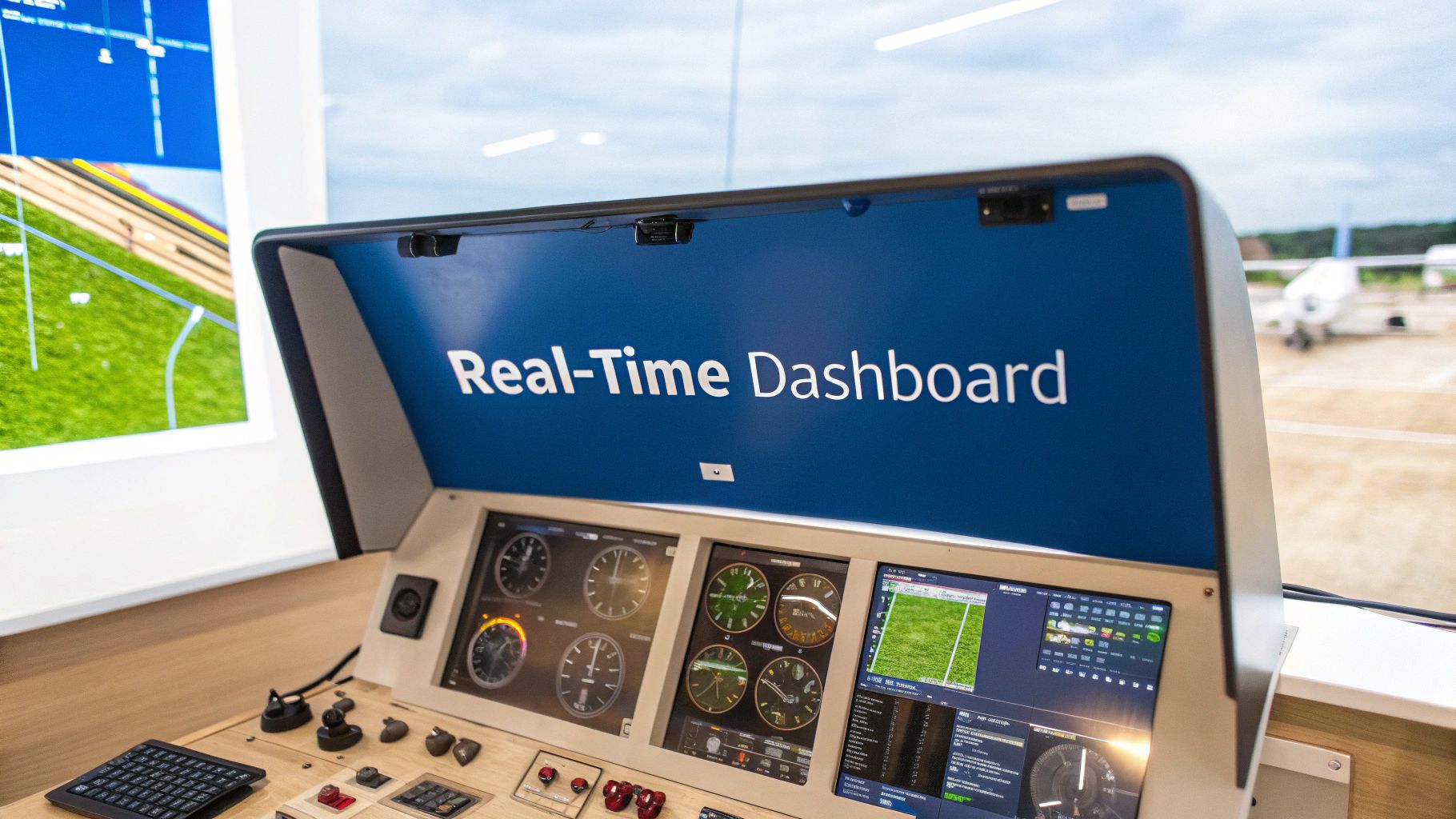 Un panneau de contrôle sophistiqué avec un grand écran 'Tableau de bord en temps réel' et des instruments d'aviation.