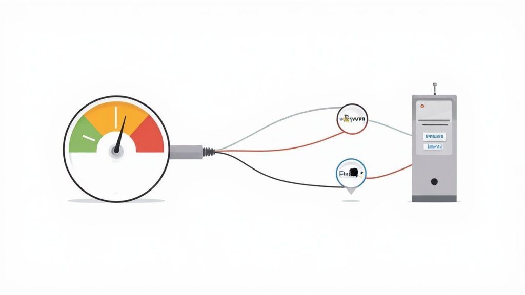 مؤشر أداء يوضح سرعة متوسطة متصل عبر أسلاك بخادم، يشير إلى أداء الشبكة.