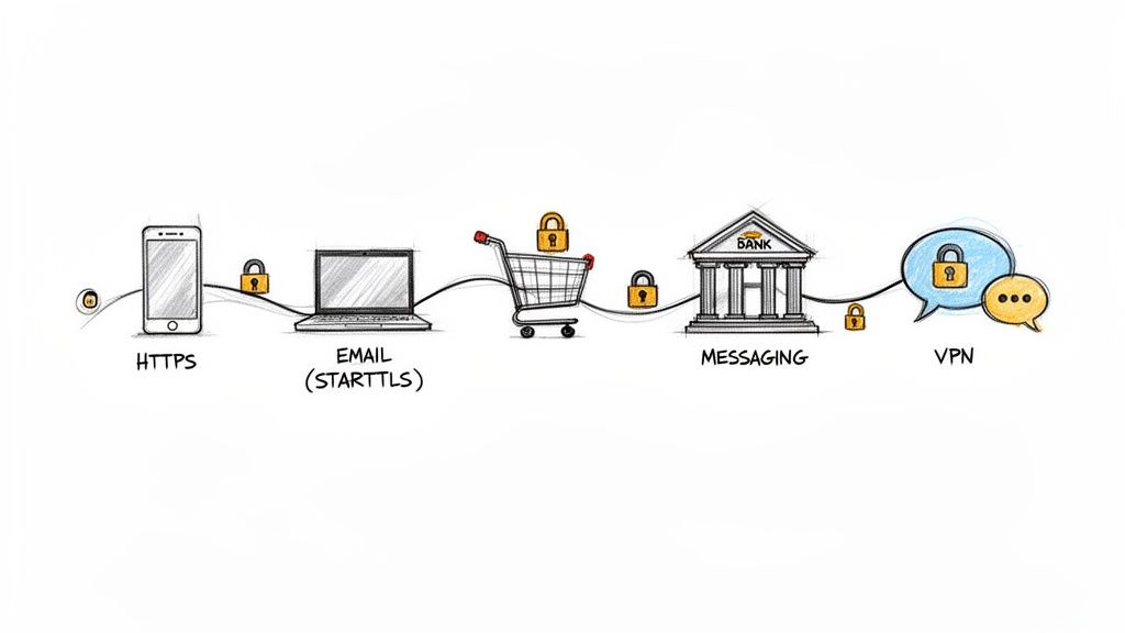 Diagram illustrating various online activities secured by encryption: HTTPS, email, shopping, banking, and VPN.