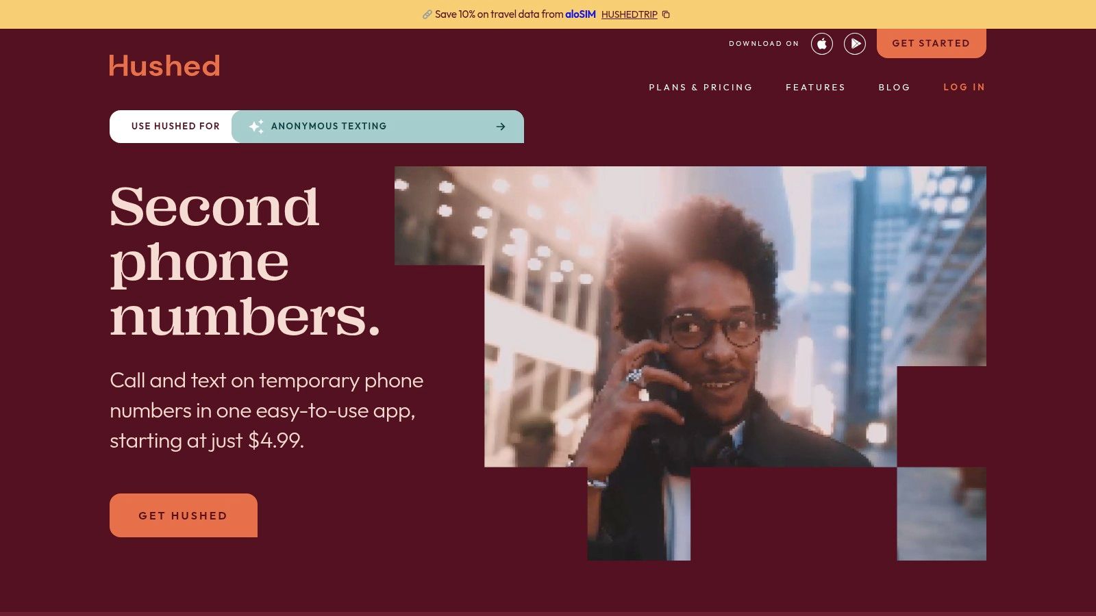 Hushed app interface, a Google Voice alternative for private and temporary phone numbers.