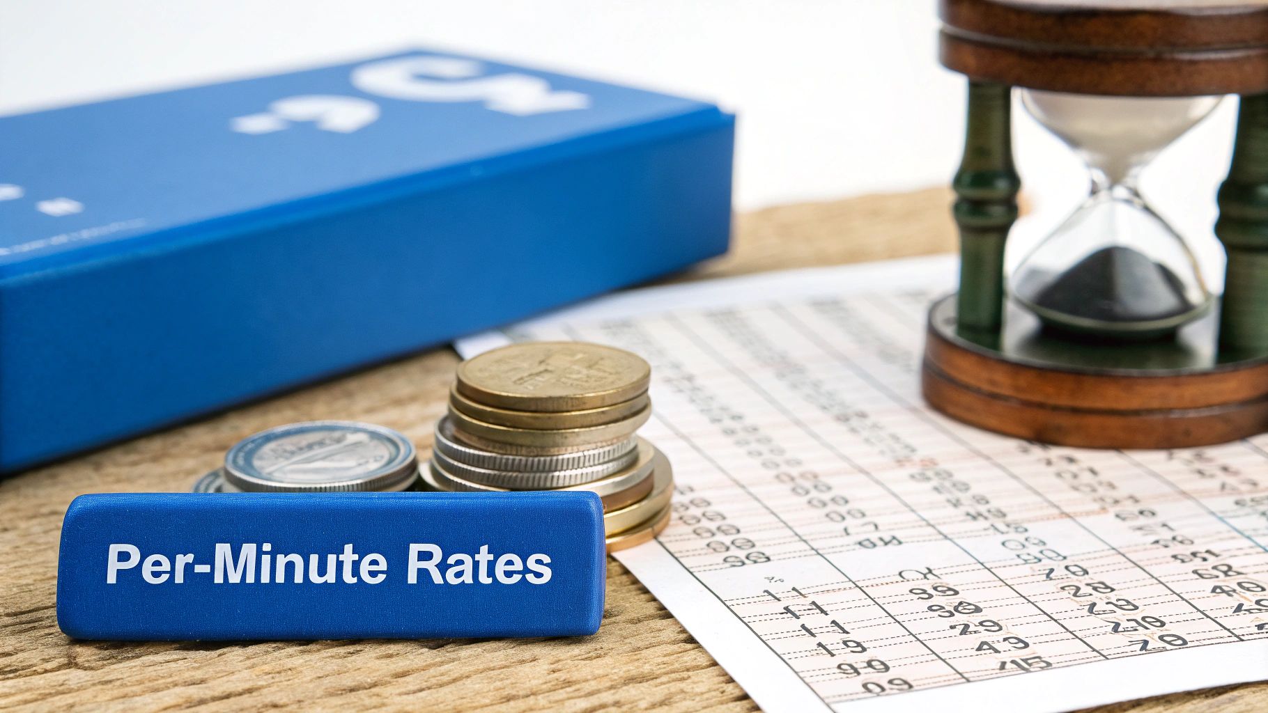 Blue block labeled 'Per-Minute Rates' with stacks of coins, an hourglass, and a financial spreadsheet on a wooden table.