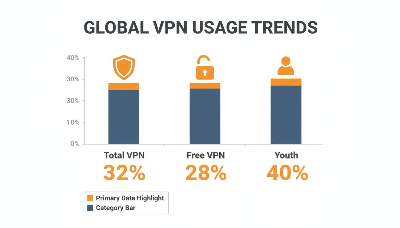 مخطط شريطي يوضح اتجاهات استخدام VPN عالمياً، يبين نسب إجمالي المستخدمين، المستخدمين المجانيين، والشباب.