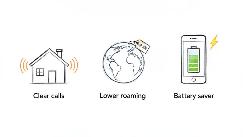 Drei handgezeichnete Symbole, die Vorteile darstellen: klare Anrufe zu Hause, geringere internationale Roaming‑Kosten und Akku‑Einsparung auf einem Smartphone.