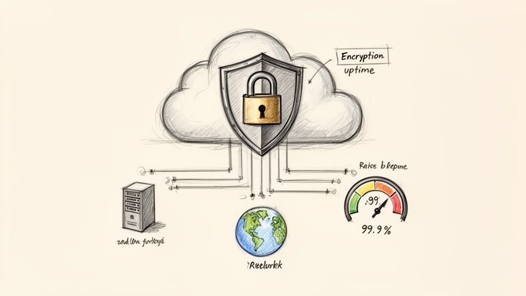 Sketch of cloud security with a shield and padlock, connecting to a server, globe, and showing 99.9% uptime.