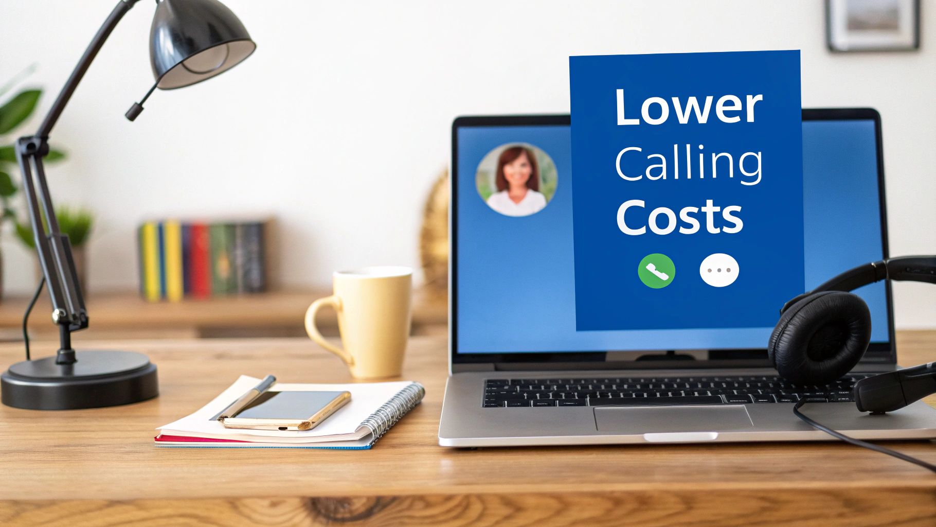 Person sitzt mit Laptop und Headset am Schreibtisch und führt kostengünstigen VoIP-Anruf nach Papua-Neuguinea.