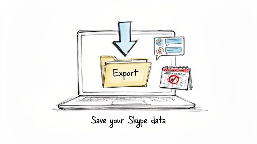 Illustration dessinée d'un ordinateur portable affichant un dossier 'Export', symbolisant la sauvegarde des données Skype avant une date limite urgente.