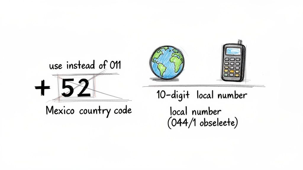 Anleitung zum Telefonieren nach Mexiko, zeigt +52 Ländervorwahl und eine 10-stellige Ortsnummer.