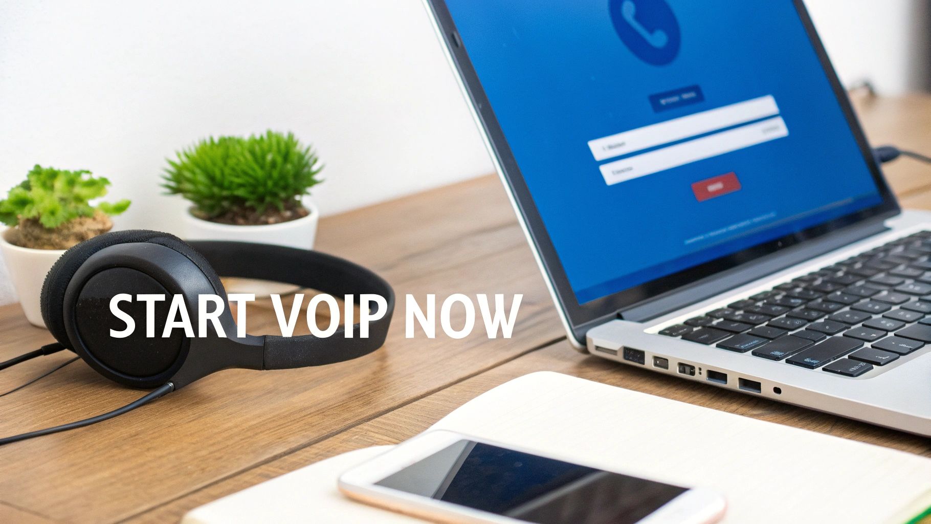 Bureau avec un ordinateur affichant un écran de connexion VoIP, un casque et un smartphone, invitant à débuter en VoIP.