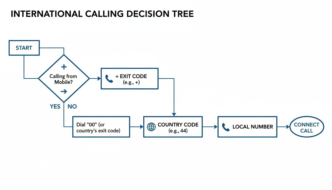 Ein Flussdiagramm, das den Entscheidungsprozess für internationale Anrufe von Mobilgerät oder Festnetz illustriert.