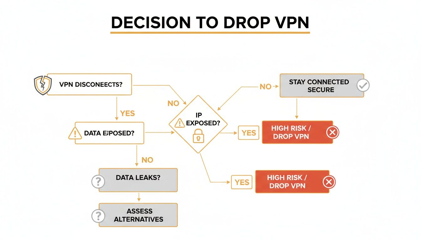 Flowchart guiding decisions when a VPN disconnects, assessing data and IP exposure risks.